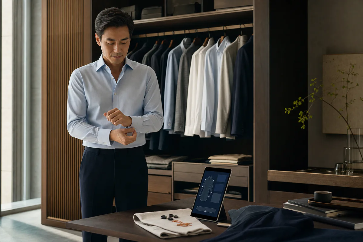 AI 生成的当代中国男性、衣橱与数字服装能力品牌场景示意