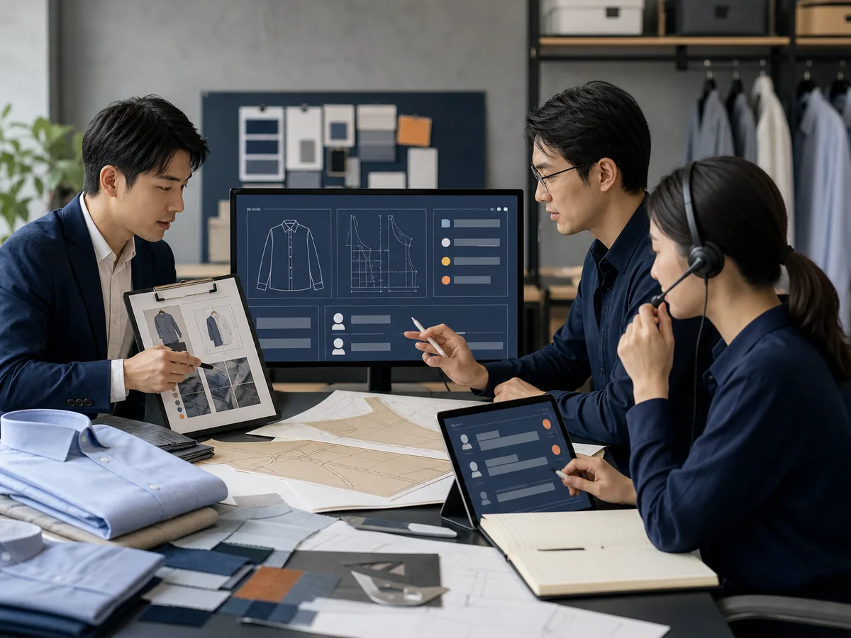 AI 生成的顾问、版师与客服围绕用户需求、纸样和尺寸信息进行在线协作复核的场景示意