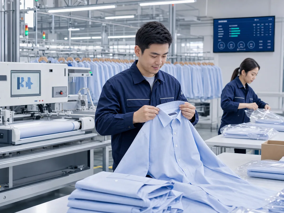 AI 生成的智能服装工厂中，数字化设备协同年轻质检人员检查衬衫细节并完成包装的交付场景示意